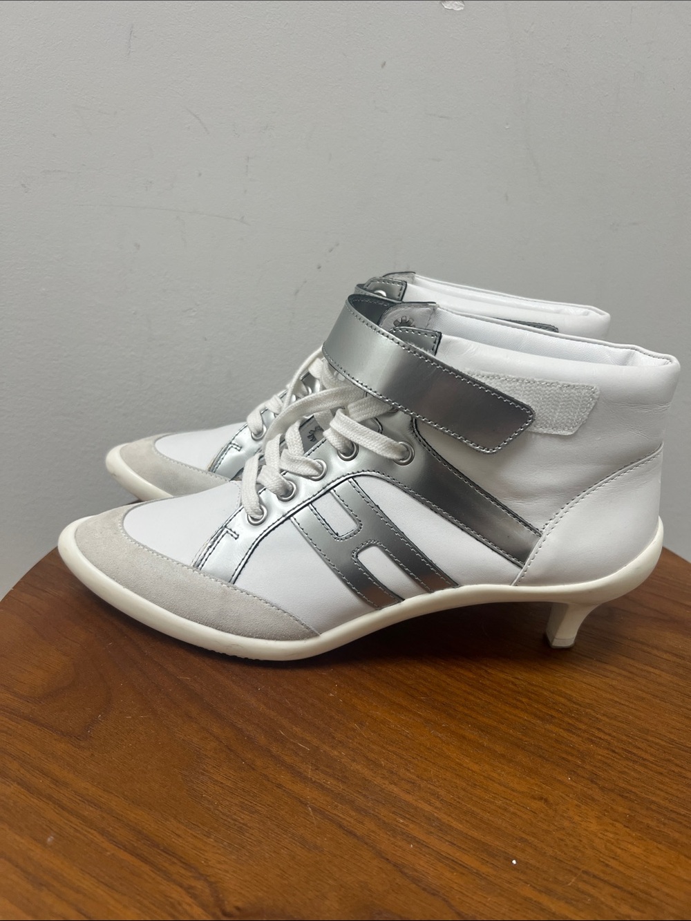 Hogan White and Silver Lace-Up Kitten Heel Boots